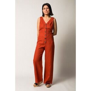 Paloma Wool Alana 100% Linen Sleeveless Jumpsuit Button-up V-Neck Orange Sz 38/6
